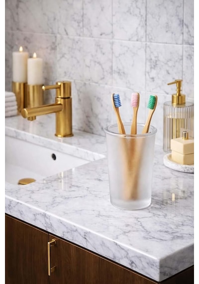 Buzlu Cam Diş Fırçalık Şık Ve Modern Banyo Düzenleyici Organizeri Açık Ahşap