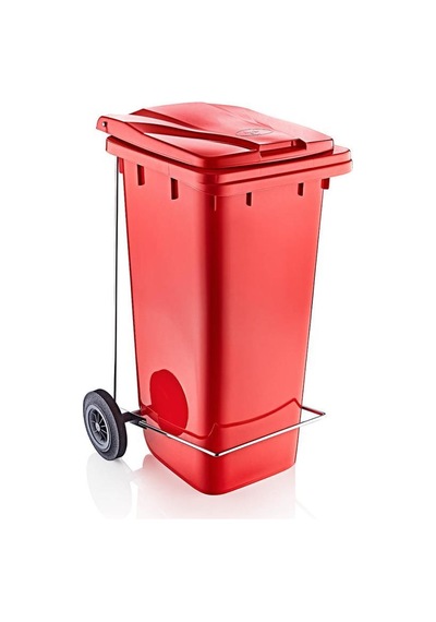 Omnipazar Sy-6507 Pedallı Tekerlekli Kapaklı Plastik Çöp Konteyneri 120 Lt Kırmızı