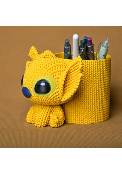 3d Baskı Knitted Kalemlik - Sevimli Karakterli Masaüstü Kalem Organizeri-sarı Çok Renkli