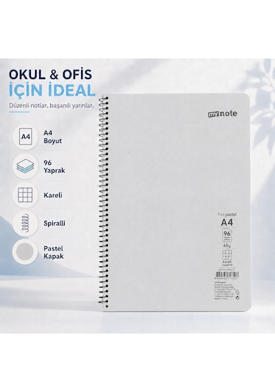 Mynote Flex Pastel A4 96 Yaprak 60 Gr Spiralli Kareli Defter Gri