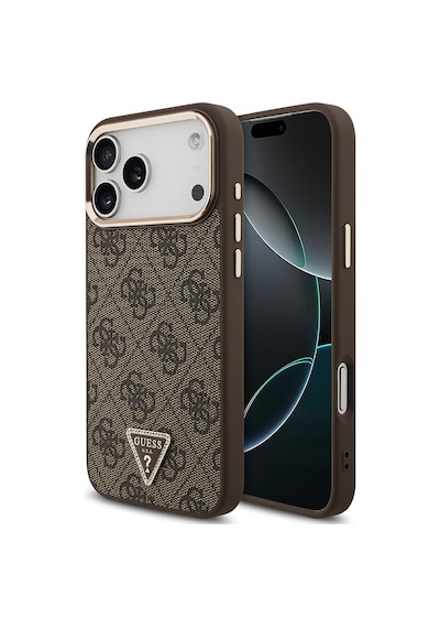 Apple Uyumlu iPhone 17 Pro Max Kılıf Guess Lisanslı M-safeli Taşlı Üçgen Logo 4g Desenli Kapak Kahverengi Kahverengi