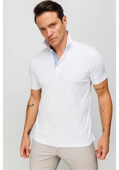 Desen Minimalist Polo Yaka Erkek T-shirt - Kısa Kol - Rahat Beyaz