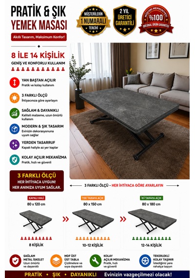 Yan Baştan Açılır Akıllı Masa Üst Tabla Mdf Yüksekliği Ayarlanabilir Antrasit
