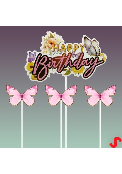 Kelebekli Happy Birthday Pasta Süsü 4 Lü Set - Pembe