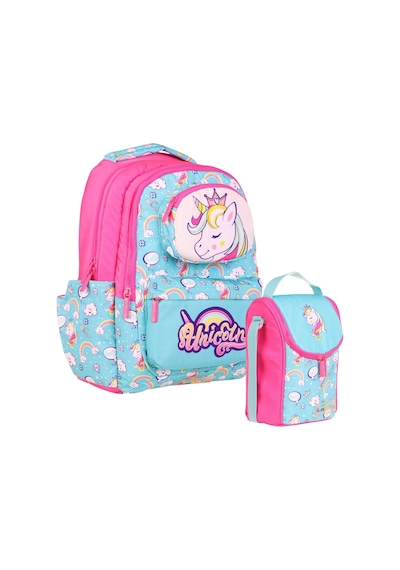 Kaukko Kız Çocuk 3d Unicorn Şekilli Turkuaz Pembe Okul Sırt Çantası Ve Isı Yalıtımlı Beslenme Çantası Seti Turkuaz - Pembe
