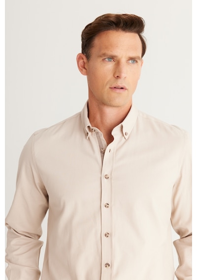 AC&Co / Altınyıldız Classics Erkek Bej Slim Fit Dar Kesim Düğmeli Yaka Pamuklu Gabardin Gömlek Bej AC&Co / Altınyıldız Classics Erkek Bej Slim Fit Dar Kesim Düğmeli Yaka Pamuklu Gabardin Gömlek Bej