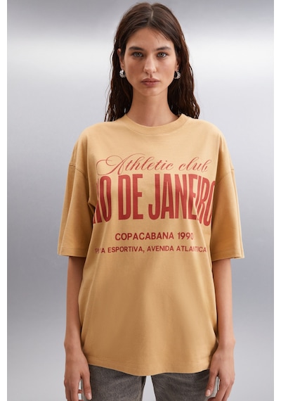 Ethıquet Malıka Kadın %100 Organik Pamuklu Şehir Tema Baskılı Oversize Bisiklet Yaka Bej T-shirt