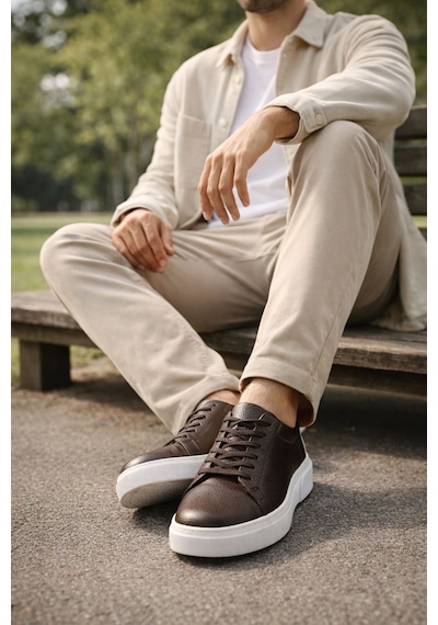 Muggo Leons Hakiki Deri Erkek Kalın Taban Bağcıklı Günlük Casual Sneaker Kahverengi