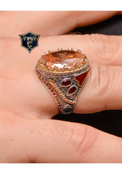 Gümüş Erkek Yüzük Sitrin Taşlı Şampanya Topaz Taş Süslemeli