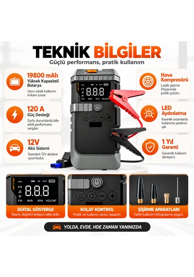 19800 Mah 12v Akü Takviye Cihazı Jump Starter Hava Kompresörlü