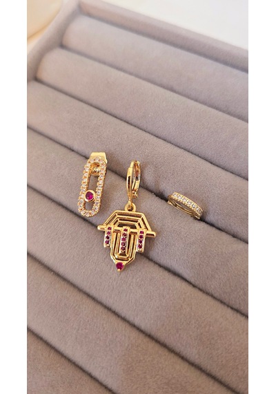 Pembe Taşlı Üçlü Şövalye Çelik Küpe Gold