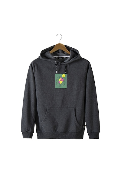 Unisex Antrasit Kapüşonlu Önü Smile Baskılı Slim Fit Kanguru Cepli Sweatshirt Antrasit