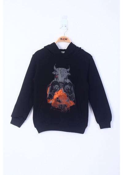 Toontoy Kids Toontoy Erkek Çocuk Boks Eldivenli Boğa Baskılı Sweatshirt Siyah