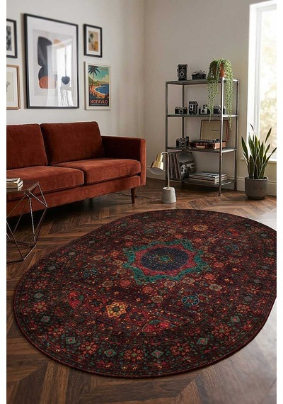 Frenda Home Fas Kapısı Desenli Yıkanabilir Pamuk Taban Oval Halı Kahve