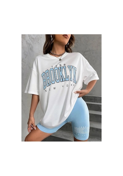 Tarzsokak Kadın Beyaz Mavi Brooklyn Bisiklet Yaka Tshirt