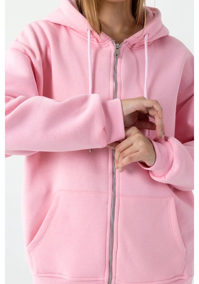 Giysa Kadın Kapüşonlu Fermuarlı Şardonlu 3ip Sweatshirt Pembe - 9015 - 264401 Pembe