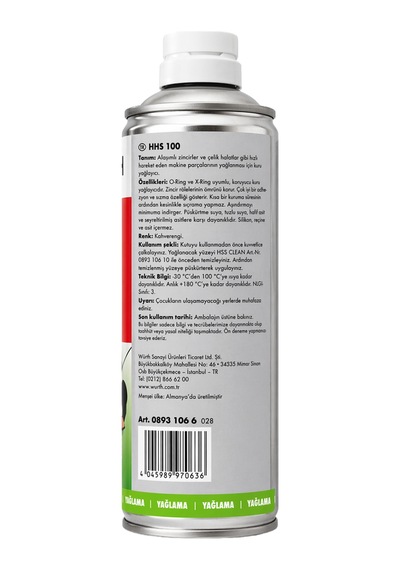 Würth Hhs 100 Zincirler İçin Yüksek Mukavemetli Kuru Yağlayıcı 400 Ml