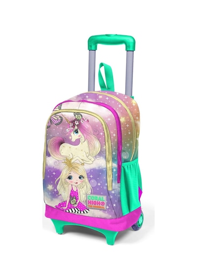Coral High Kids Pembe Su Yeşili Unicornlu Kız Desenli Üç Bölmeli Çekçekli Okul Sırt Çantası 23933