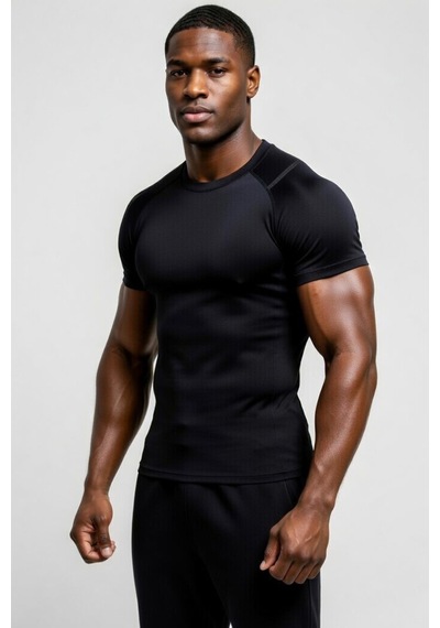 Premium Siyah Kısa Kol Compression Erkek T-shirt Spor Gym Fitness Boks Kickboks Tişört Siyah