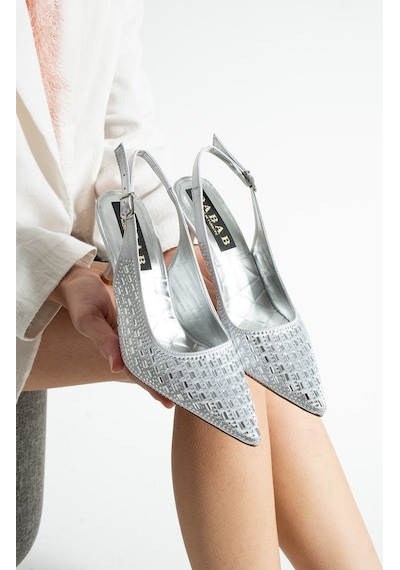 Dabab Shoes Merıa Kadın Gümüş 7 Cm Sivri Burun Kristal Taş İşlemeli Slingback Topuklu Ayakkabı
