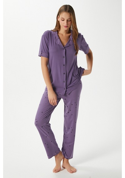 Ritnice Kadın Star Yumuşak Doku Mor Yıldızlı Ön Düğmeli Kısa Kollu Pijama Takımı