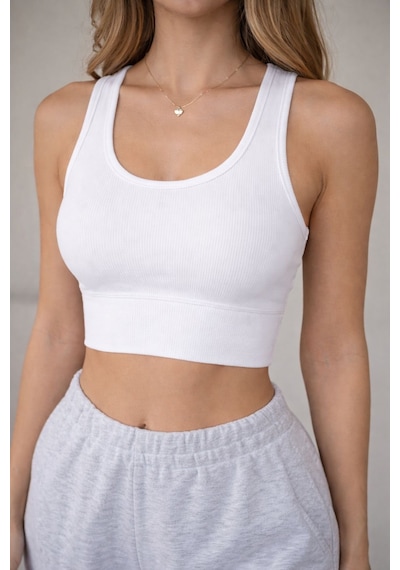 Enva Store Kadın Ribana Askılı Fitilli Crop Beyaz