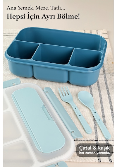 Sızdırmaz Contalı Yemek Kabı - 4 Bölmeli Çatal Kaşıklı Diyet Beslenme Kutusu Lunch Box Mavi MAvi