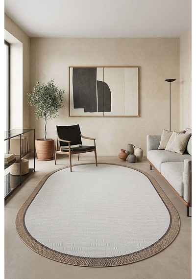 Natura Sisal Hasır Görünümlü Çift Bordürlü Oval Halı Ntr23 Kahve-bej