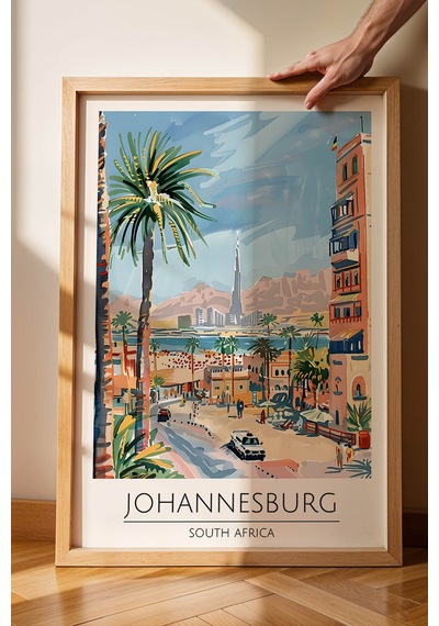 Güney Afrika Johannesburg Temalı Çerçeveli Tablo Travel Serisi Modern İllüstrasyon Duvar Dekoru Kayın