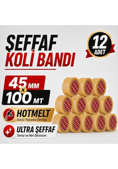 Sanplaza Şeffaf Hotmelt Koli Bandı 45 Mm X 100 Mt Güçlü Yapışkanlı Paketleme Ambalaj Bandı 12 Adet