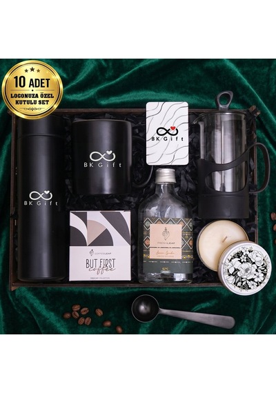 Logonuza Özel 10 Kutu Premium Hediye Seti Ahşap Kutulu Termos, French Press Ve Kahve Seti