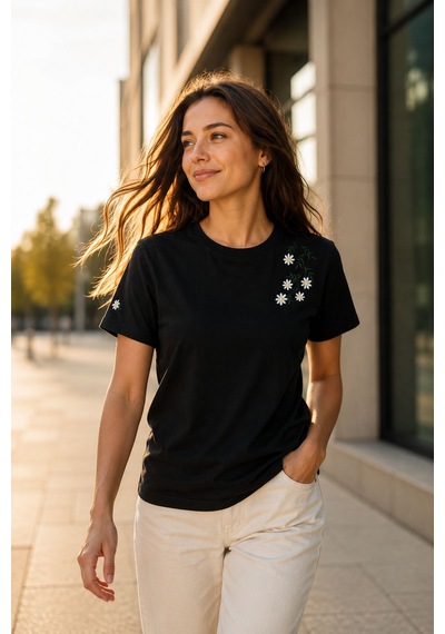 Yubistitch Tshirt Nakış İşlemeli Çiçek 6-Siyah S