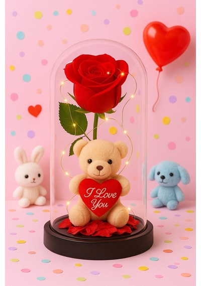 Dekoratif Tasarım Fanus Led Işıklı Kırmızı Gül I Love You Ayıcık Sevgiliye Romantik Aşk Hediye Seti