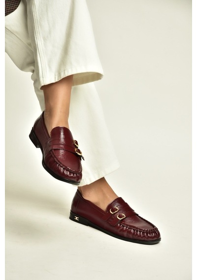 Fox Shoes Z820024208 Bordo Rugan Büzgü Detaylı Çift Tokalı Loafer Ayakkabı
