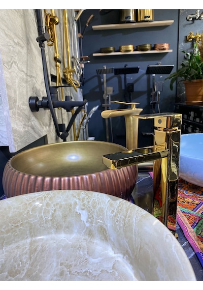 İsaoğlu Yapı Parlak Gold Joy Design Çanak Lavabo Bataryası Gold