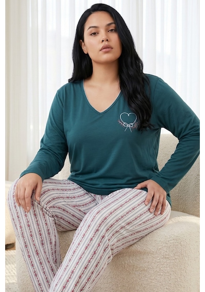 Siyah İnci Pamuklu Likralı Büyük Beden Battal Boy Örme Pijama Takım26240913 Yeşil