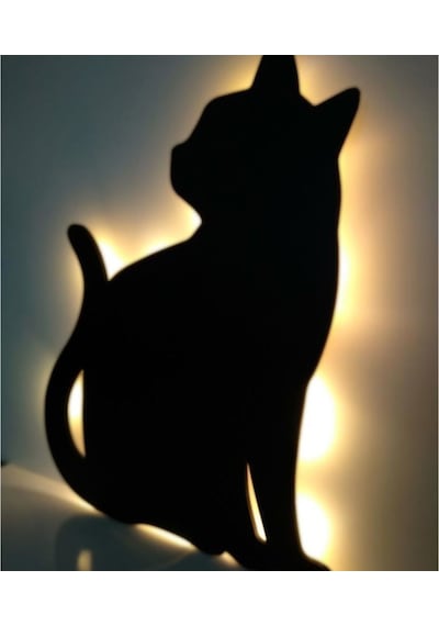 Dekoratif Büyük Boy Led Işıklı Oturan Kedi Ahşap Tablo