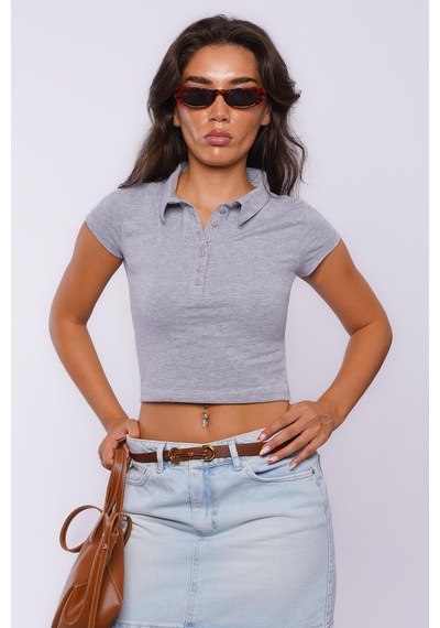 Grimelanj Polo Yaka Basic Kadın Tişört Mg2455 Gri Melanj