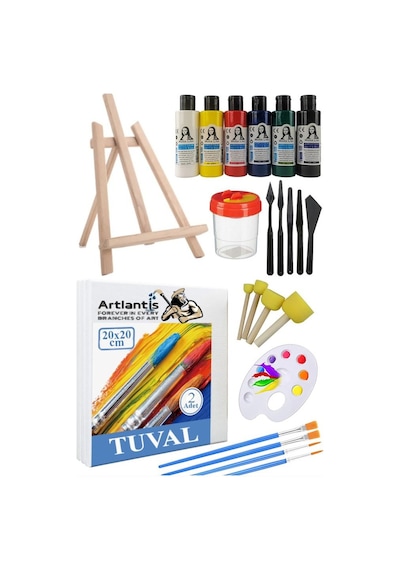 20x20 Tuval Seti 1 Paket Masa Üstü Şövale Monalisa Akrilik Boya Plastik Spatula Resim Fırçası Palet Ponpon Sünger Fırça
