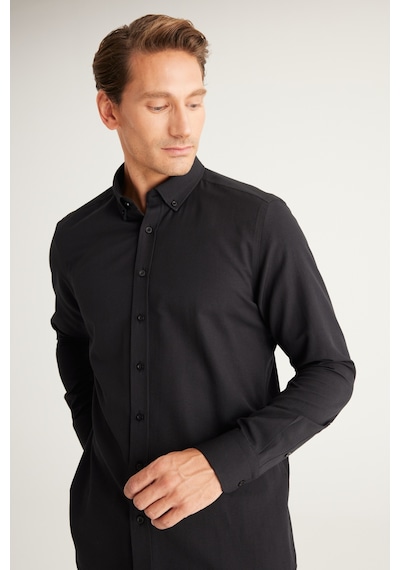 Ac&Co / Altınyıldız Classics Erkek Sıyah Tailored Slim Fit Dar Kesim Düğmeli Yaka Oxford Gömlek Sıyah Siyah