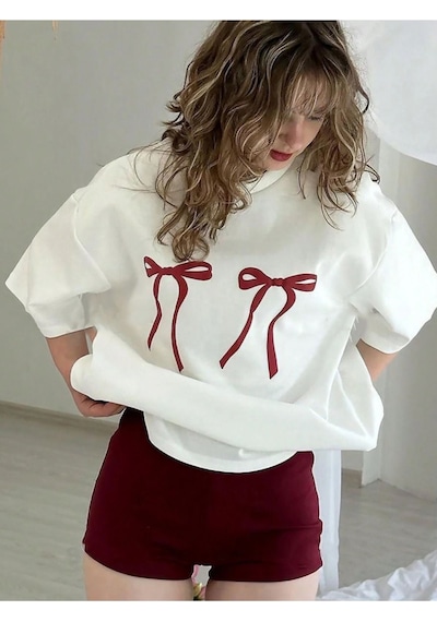 Uyguntarz Unisex Çift Kurdele Tasarım Basklı Tshirt Beyaz