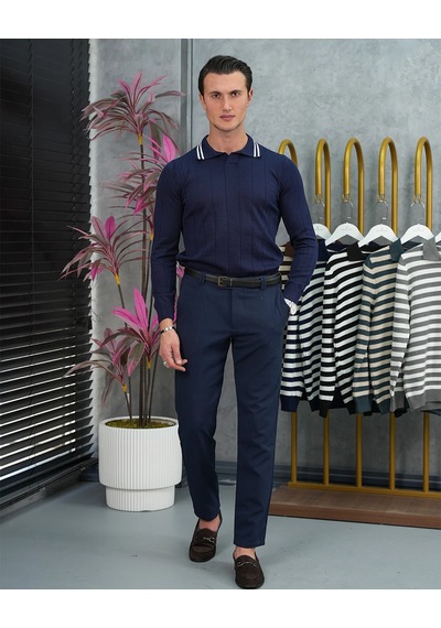 Modefendi Pamuk Likra Slim Fit Kesik Yaka Dikey Geniş Çizgi Ve Yaka Şerit Detaylı Triko Kazak Lacivert Modefendi Pamuk Likra Slim Fit Kesik Yaka Dikey Geniş Çizgi Ve Yaka Şerit Detaylı Triko Kazak Lacivert