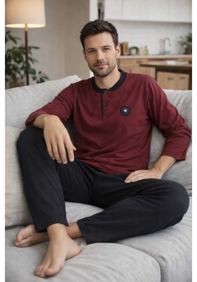Tenra Erkek Pijama Takımı %100 Pamuk Uzun Kol Bordo