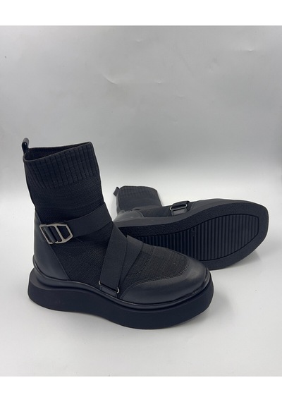 Dabab Shoes Katiana Kadın Siyah Lastik Detaylı Rahat Kalın Taban Triko Spor Bot