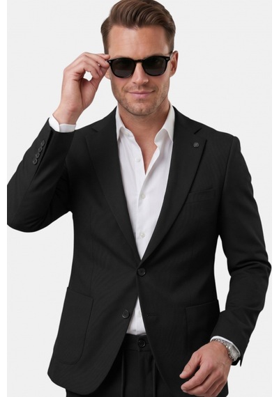 Deep Sea Deepsea Siyah Premium Çizgi Dokulu Slim Fit Likralı 2 Li Erkek Takım Elbise 2600821
