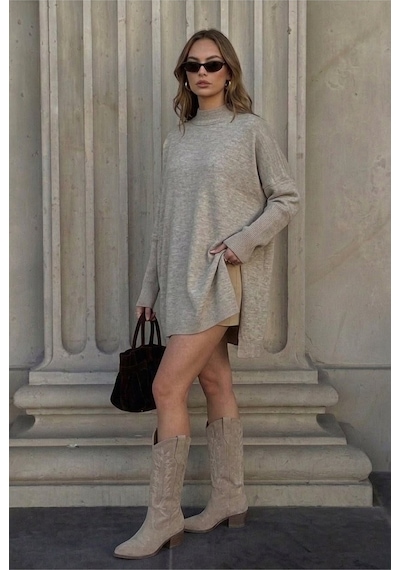 Onno Style Women Düz Triko Standart Panço Açık Gri