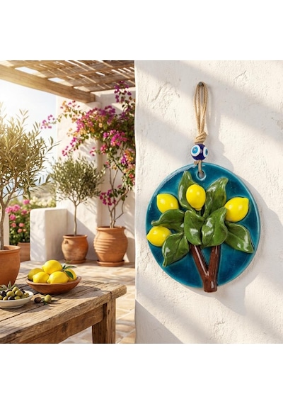 El Yapımı Seramik Limon Ağacı Duvar Dekoru Nazar Boncuklu Bereket Limon Kabartmalı Yuvarlak Duvar Süsü Askılı Pano