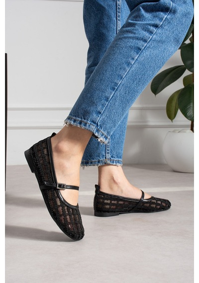 Dabab Shoes Rıvena Kadın Siyah Tül Üzeri Nakış Detaylı Kare Burun Üstten Bantlı Düz Taban Mary Jane Babet