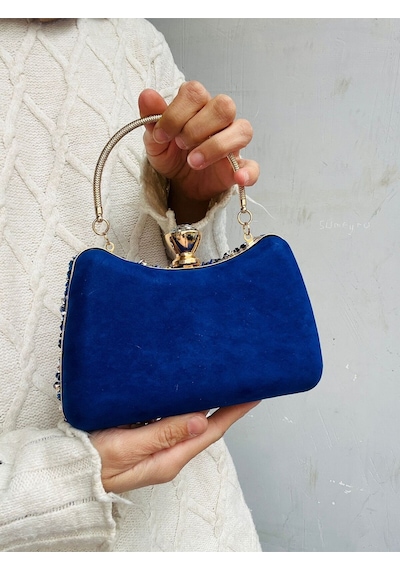Çanta Trend Saks Mavi Kristal Taşlı Süet Kadın 2 Askılı Zincir Detaylı Kadın Abiye Çanta Saks Mavi