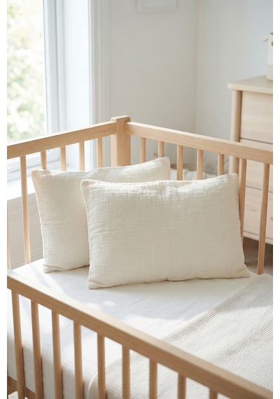 Çift Katlı Müslin Çocuk Yastık Kılıfı %100 Pamuk 35x45 cm 2’li Bebek Çocuk Kılıf Seti Ekru